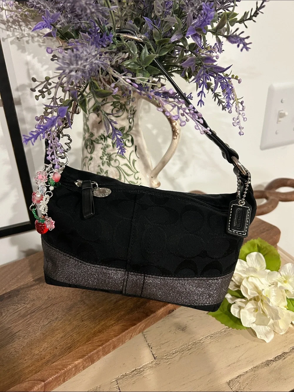 Coach Black Signature Shoulder Bag with Glitter Silver Trim